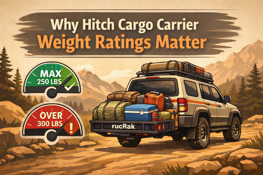 Illustrated SUV with a hitch cargo carrier loaded for a road trip, showing weight gauge icons that explain why hitch cargo carrier weight ratings matter
