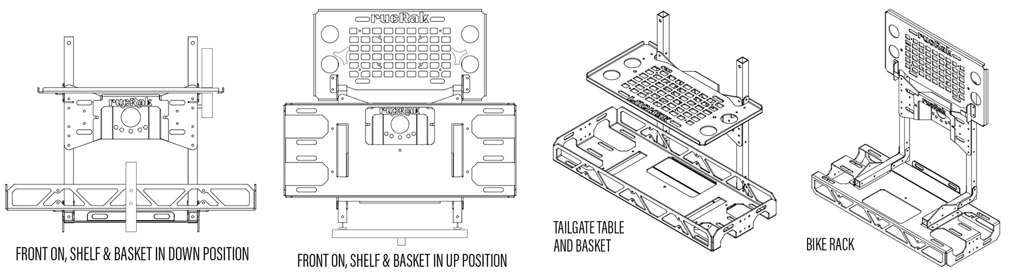 Technical diagram of rucRak shelf and basket assembly in various positions