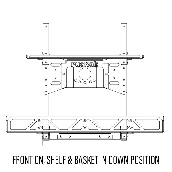 Technical drawing of a shelf and basket system with 'rueRak' branding.