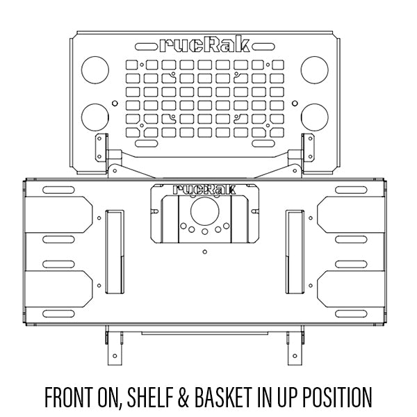 Top and side views of a product labeled 'rueRak' with shelves and basket in an up position.