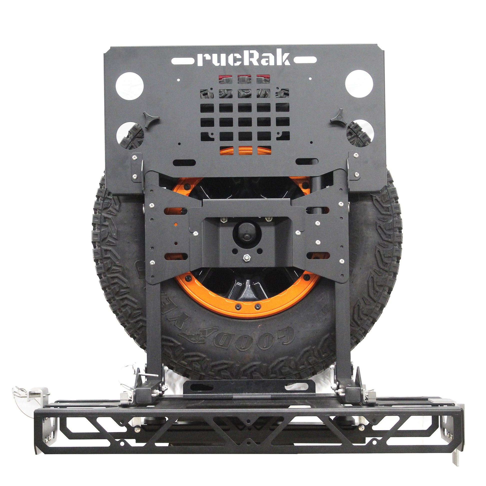 Tire carrier with 'rucRak' branding on a white background