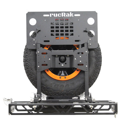 Tire carrier with 'rucRak' branding on a white background