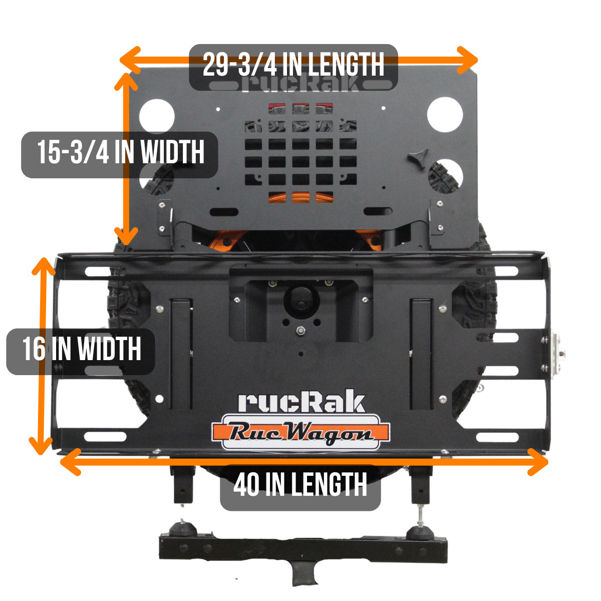 RucRak RucWagon vehicle rack with dimensions labeled on a white background