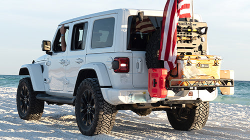Rear view of Jeep Wrangler cargo carrier carrying gear on Wrangler 