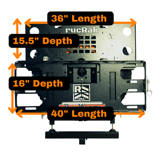 rucRak vehicle cargo rack mount system with labeled product dimensions