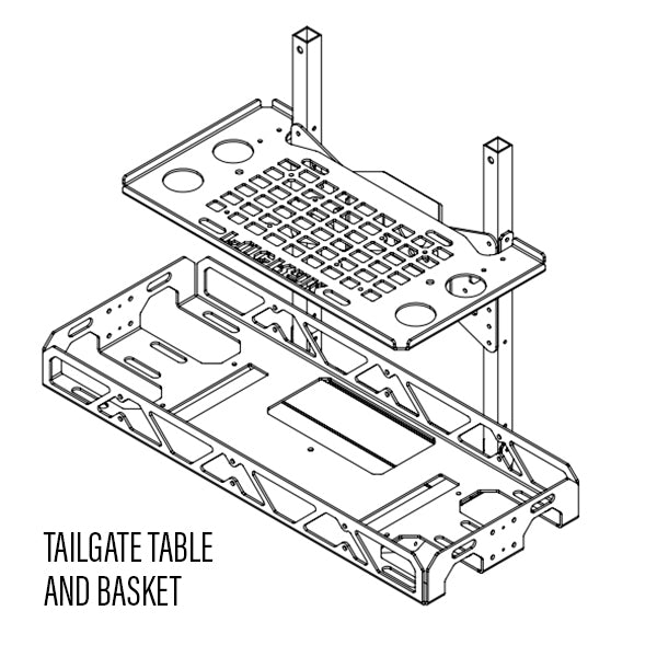 Diagram of a tailgate table and basket assembly on a white background